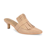 Women Beige Fringe Slip-On Kitten Heels (W-SHI-79-BEIGE)