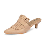 Women Beige Fringe Slip-On Kitten Heels (W-SHI-79-BEIGE)