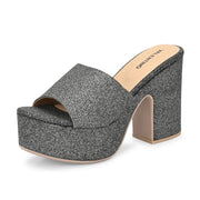 Women Grey Glitter Platform Block Heels (W-SHI-85-GREY)