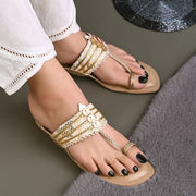 Women Gold Embellished Ethnic Flats (W-SN-01-BEIGE)