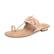 Women Gold Embellished Ethnic Flats (W-SN-01-BEIGE)