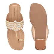Women Gold Embellished Ethnic Flats (W-SN-01-BEIGE)