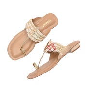 Women Gold Embellished Ethnic Flats (W-SN-01-BEIGE)