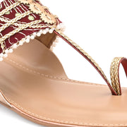 Women Maroon Embellished Ethnic T-Strap Flats (W-SN-01-MAROON)