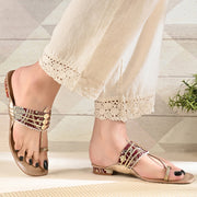 Women Maroon Embellished Ethnic T-Strap Flats (W-SN-01-MAROON)