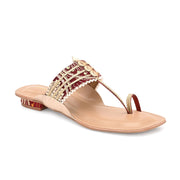 Women Maroon Embellished Ethnic T-Strap Flats (W-SN-01-MAROON)