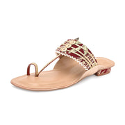 Women Maroon Embellished Ethnic T-Strap Flats (W-SN-01-MAROON)