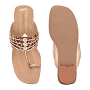 Women Maroon Embellished Ethnic T-Strap Flats (W-SN-01-MAROON)