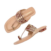 Women Maroon Embellished Ethnic T-Strap Flats (W-SN-01-MAROON)