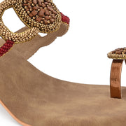 Women Hand-Beaded Block Heels – Ethnic Loop Design with Toe Ring (W-SN-02-ANTIQUE)