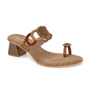 Women Hand-Beaded Block Heels – Ethnic Loop Design with Toe Ring (W-SN-02-ANTIQUE)