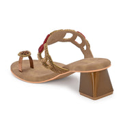 Women Hand-Beaded Block Heels – Ethnic Loop Design with Toe Ring (W-SN-02-ANTIQUE)