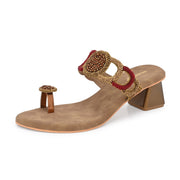 Women Hand-Beaded Block Heels – Ethnic Loop Design with Toe Ring (W-SN-02-ANTIQUE)