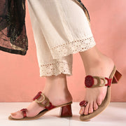 Women Hand-Beaded Block Heels – Ethnic Loop Design with Toe Ring (W-SN-02-MAROON)