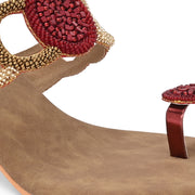 Women Hand-Beaded Block Heels – Ethnic Loop Design with Toe Ring (W-SN-02-MAROON)
