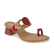 Women Hand-Beaded Block Heels – Ethnic Loop Design with Toe Ring (W-SN-02-MAROON)