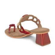 Women Hand-Beaded Block Heels – Ethnic Loop Design with Toe Ring (W-SN-02-MAROON)