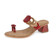 Women Hand-Beaded Block Heels – Ethnic Loop Design with Toe Ring (W-SN-02-MAROON)