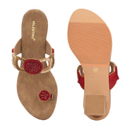 Women Hand-Beaded Block Heels – Ethnic Loop Design with Toe Ring (W-SN-02-MAROON)