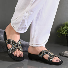 Women Embellished Slip-On Sandals (W-SN-08-BLACK)