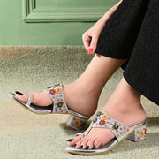 Women Floral Embellished Toe-Ring Block Heel Sandals (W-SN-09-SILVER)