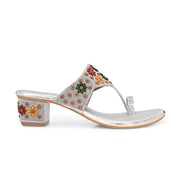 Women Floral Embellished Toe-Ring Block Heel Sandals (W-SN-09-SILVER)