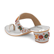Women Floral Embellished Toe-Ring Block Heel Sandals (W-SN-09-SILVER)