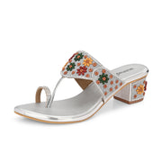 Women Floral Embellished Toe-Ring Block Heel Sandals (W-SN-09-SILVER)
