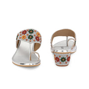 Women Floral Embellished Toe-Ring Block Heel Sandals (W-SN-09-SILVER)