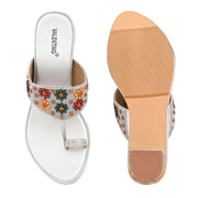Women Floral Embellished Toe-Ring Block Heel Sandals (W-SN-09-SILVER)