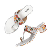 Women Floral Embellished Toe-Ring Block Heel Sandals (W-SN-09-SILVER)