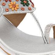 Women Floral Embellished Toe-Ring Block Heel Sandals (W-SN-09-SILVER)