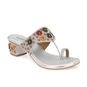 Women Floral Embellished Toe-Ring Block Heel Sandals (W-SN-09-SILVER)