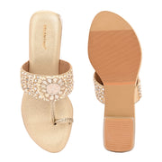 Women Embellished Toe-Ring Block Heel Ethnic Sandals (W-SN-10-LIGHTGOLD)