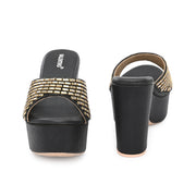 Women Embellished Block Heel Sandals (W-SN-12-BLACK)