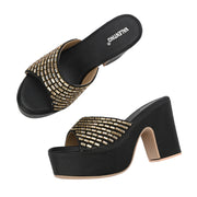 Women Embellished Block Heel Sandals (W-SN-12-BLACK)