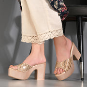 Women Embellished Block Heel Sandals (W-SN-12-ROSEGOLD)