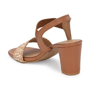 Women Woven Strap Block Heel Sandals (W-SN-16-TAN-BEIGE)