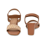 Women Woven Strap Block Heel Sandals (W-SN-16-TAN-BEIGE)