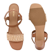 Women Woven Strap Block Heel Sandals (W-SN-16-TAN-BEIGE)