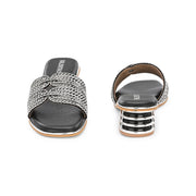 Women Elegant Interwoven Strap Evening Heels (W-SN-17-BLACK-SILVER)