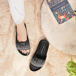 West Port Women Black Embellished Comfort Slide Sandals (W-STARDUST-20-BLACK-MULTI)