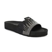 West Port Women Black Embellished Comfort Slide Sandals (W-STARDUST-20-BLACK-MULTI)