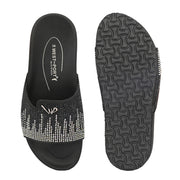 West Port Women Black Embellished Comfort Slide Sandals (W-STARDUST-20-BLACK-MULTI)