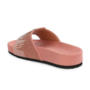 West Port Women Pink Embellished Comfort Slide Sandals (W-STARDUST-20-PINK-MULTI)