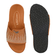 West Port Women Tan Embellished Comfort Slide Sandals (W-STARDUST-20-TAN-MULTI)