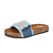 Women Denim Fringe Cork Slides (W-UV-03-NAVYBLUE)