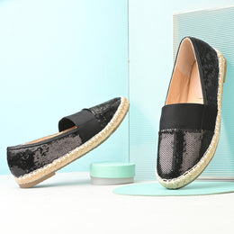Women Black Sequin Espadrilles Loafers (W-V1-19-BLACK)