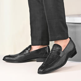 Men Premium Woven Leather Party Penny Loafers (Winston-10-Black)
