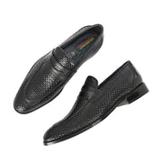 Men Premium Woven Leather Party Penny Loafers (Winston-10-Black)